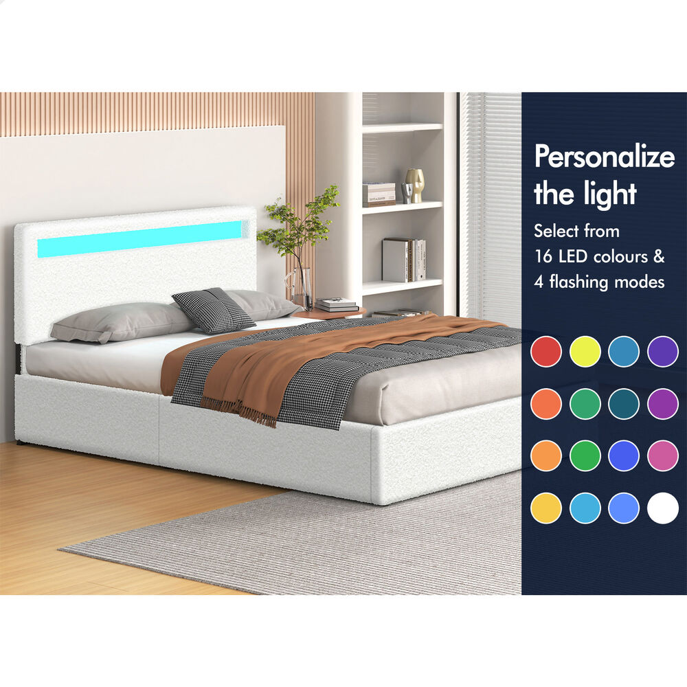 ALFORDSON Bed Frame Double Size RGB LED Gas Lift Storage Base Boucle LUCHINO