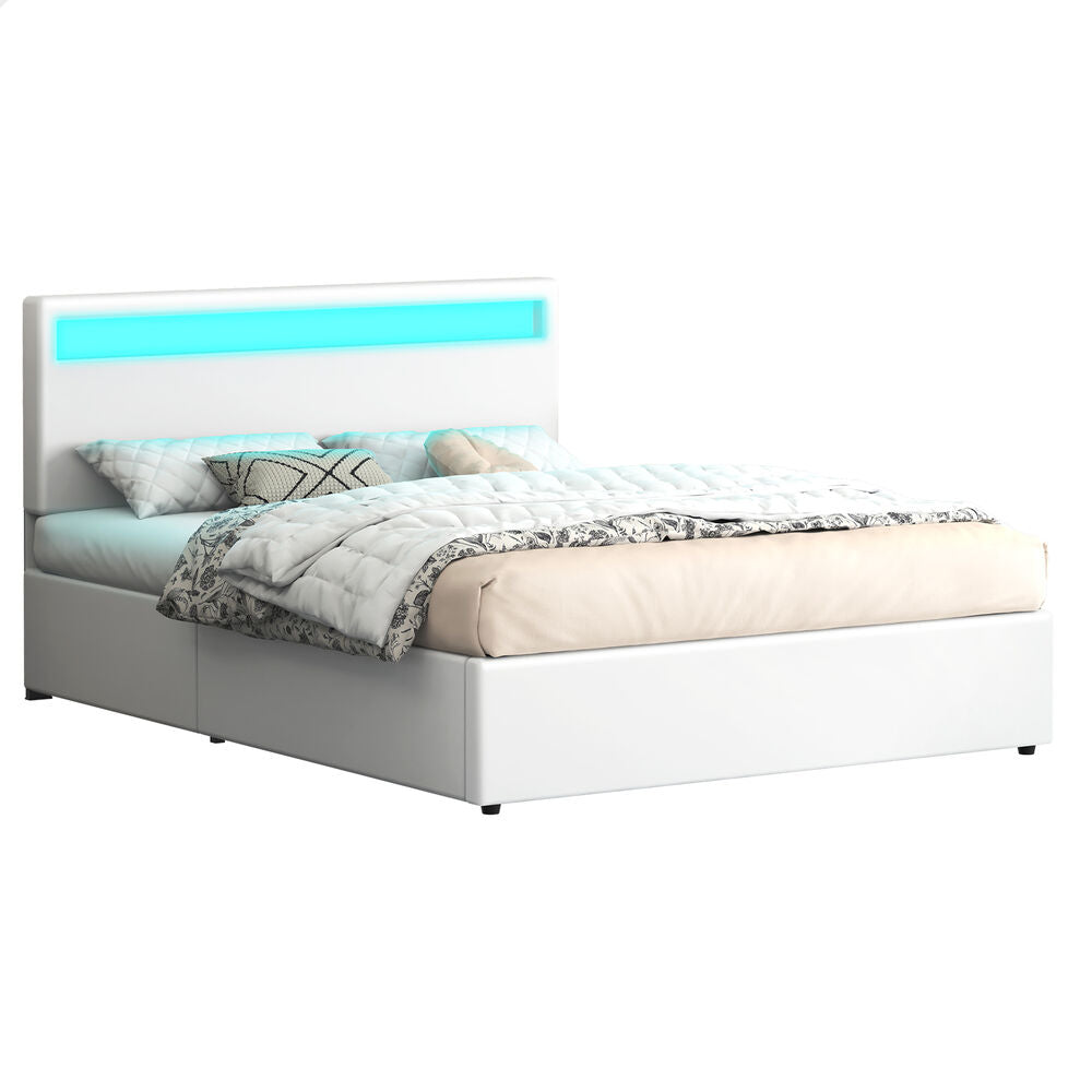 ALFORDSON Bed Frame Double Size RGB LED Gas Lift Storage Base White LUCHINO