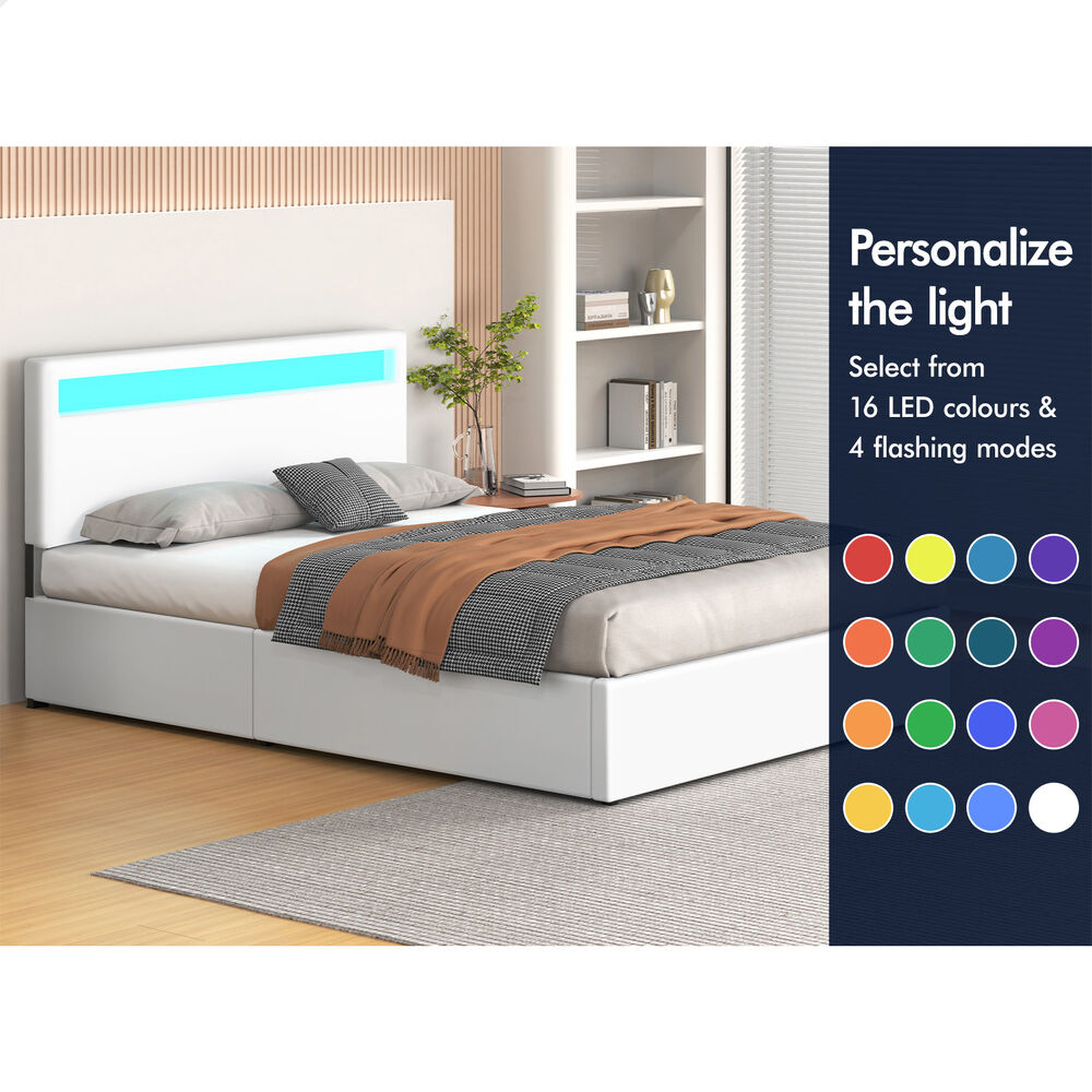 ALFORDSON Bed Frame Double Size RGB LED Gas Lift Storage Base White LUCHINO