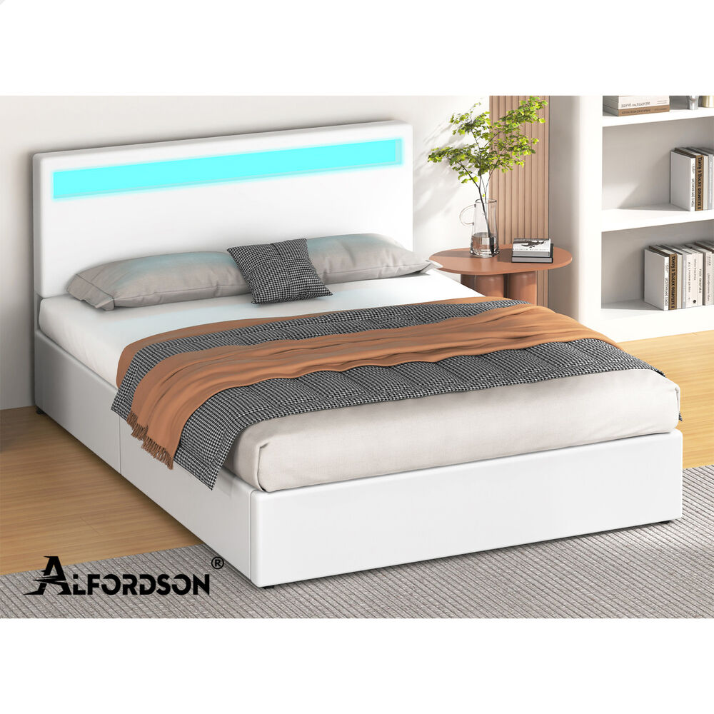 ALFORDSON Bed Frame Double Size RGB LED Gas Lift Storage Base White LUCHINO