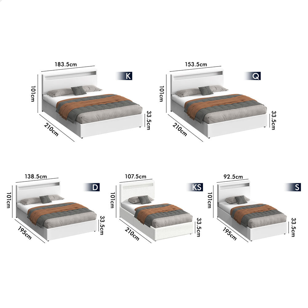 ALFORDSON Bed Frame Double Size RGB LED Gas Lift Storage Base White LUCHINO