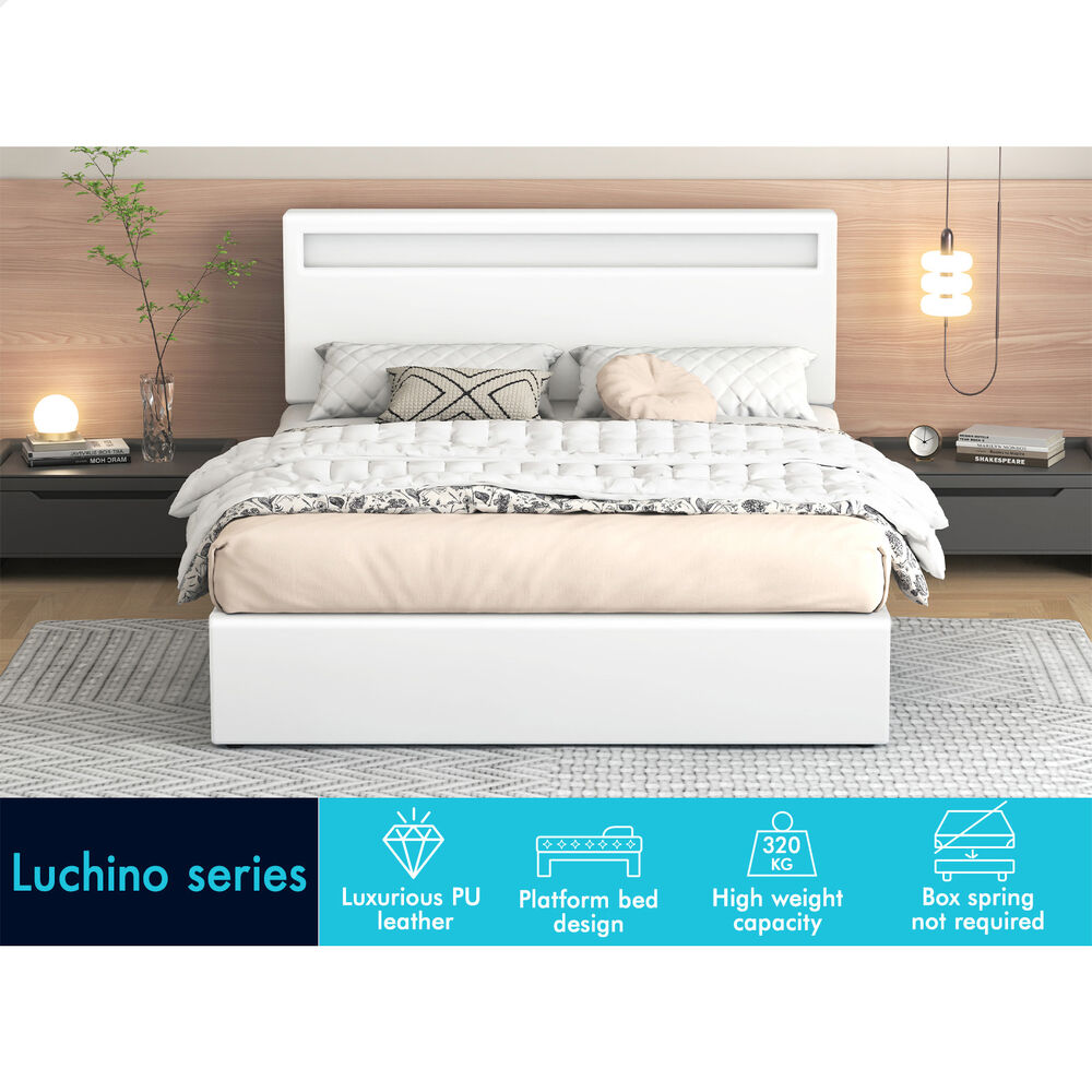 ALFORDSON Bed Frame Double Size RGB LED Gas Lift Storage Base White LUCHINO
