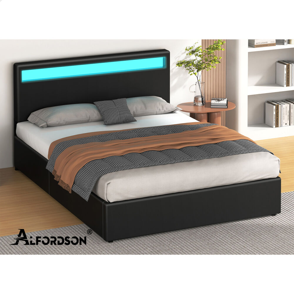 ALFORDSON Bed Frame King Size RGB LED Gas Lift Storage Base Black LUCHINO