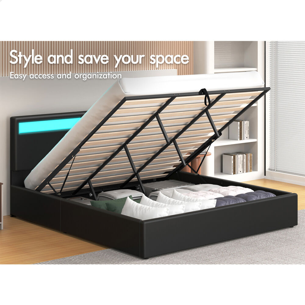 ALFORDSON Bed Frame King Size RGB LED Gas Lift Storage Base Black LUCHINO