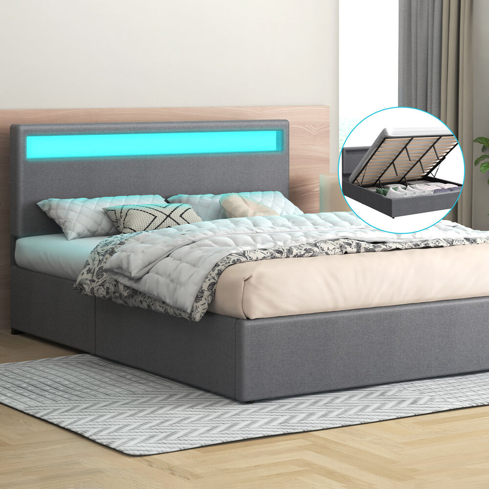 ALFORDSON Bed Frame King Size RGB LED Gas Lift Storage Base Fabric Grey LUCHINO
