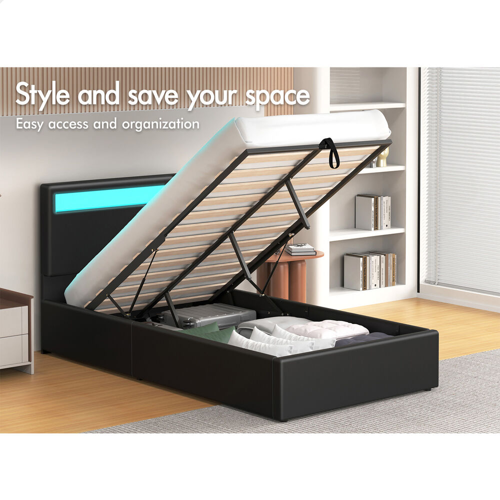ALFORDSON Bed Frame King Single RGB LED Gas Lift Storage Base Black LUCHINO