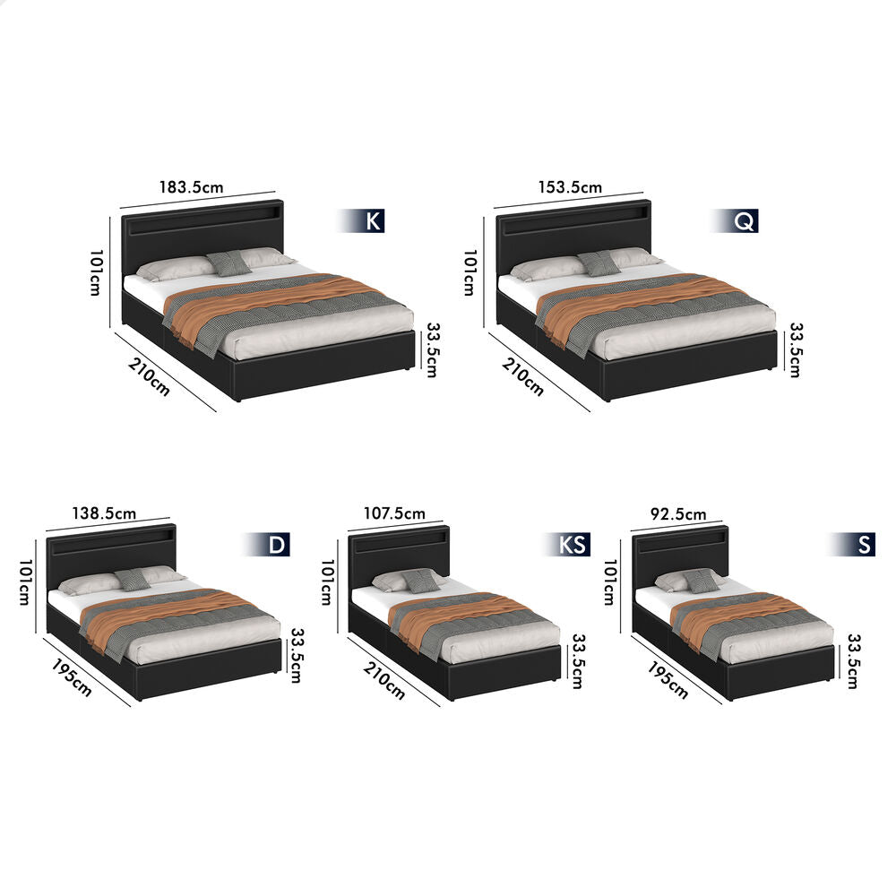 ALFORDSON Bed Frame King Single RGB LED Gas Lift Storage Base Black LUCHINO