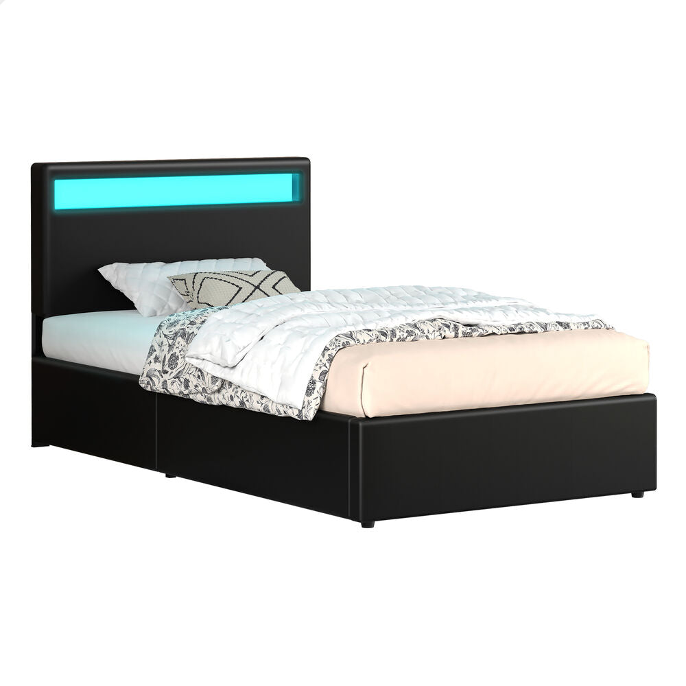 ALFORDSON Bed Frame King Single RGB LED Gas Lift Storage Base Black LUCHINO