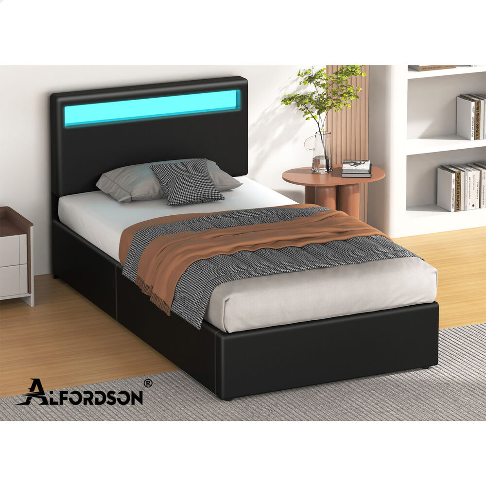 ALFORDSON Bed Frame King Single RGB LED Gas Lift Storage Base Black LUCHINO