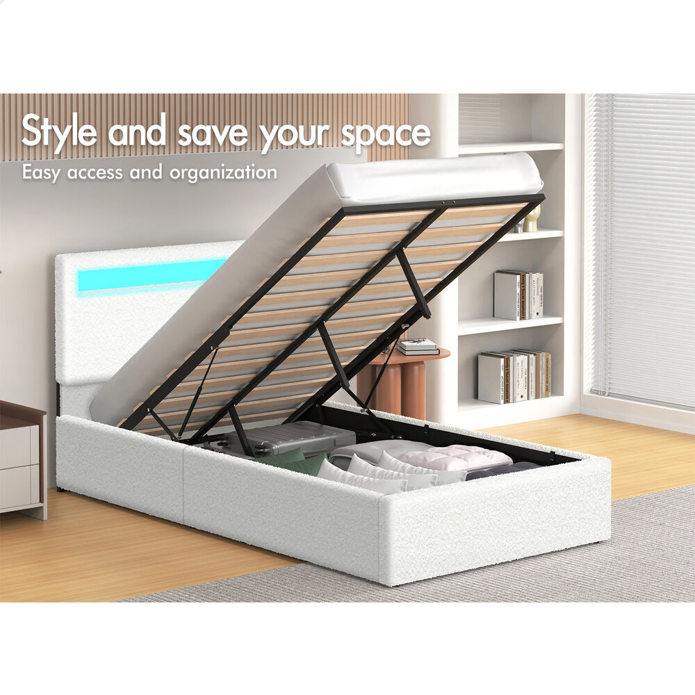 ALFORDSON Bed Frame King Single RGB LED Gas Lift Storage Base Boucle LUCHINO