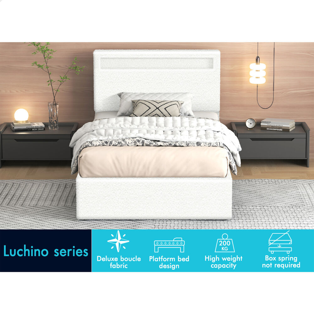 ALFORDSON Bed Frame King Single RGB LED Gas Lift Storage Base Boucle LUCHINO