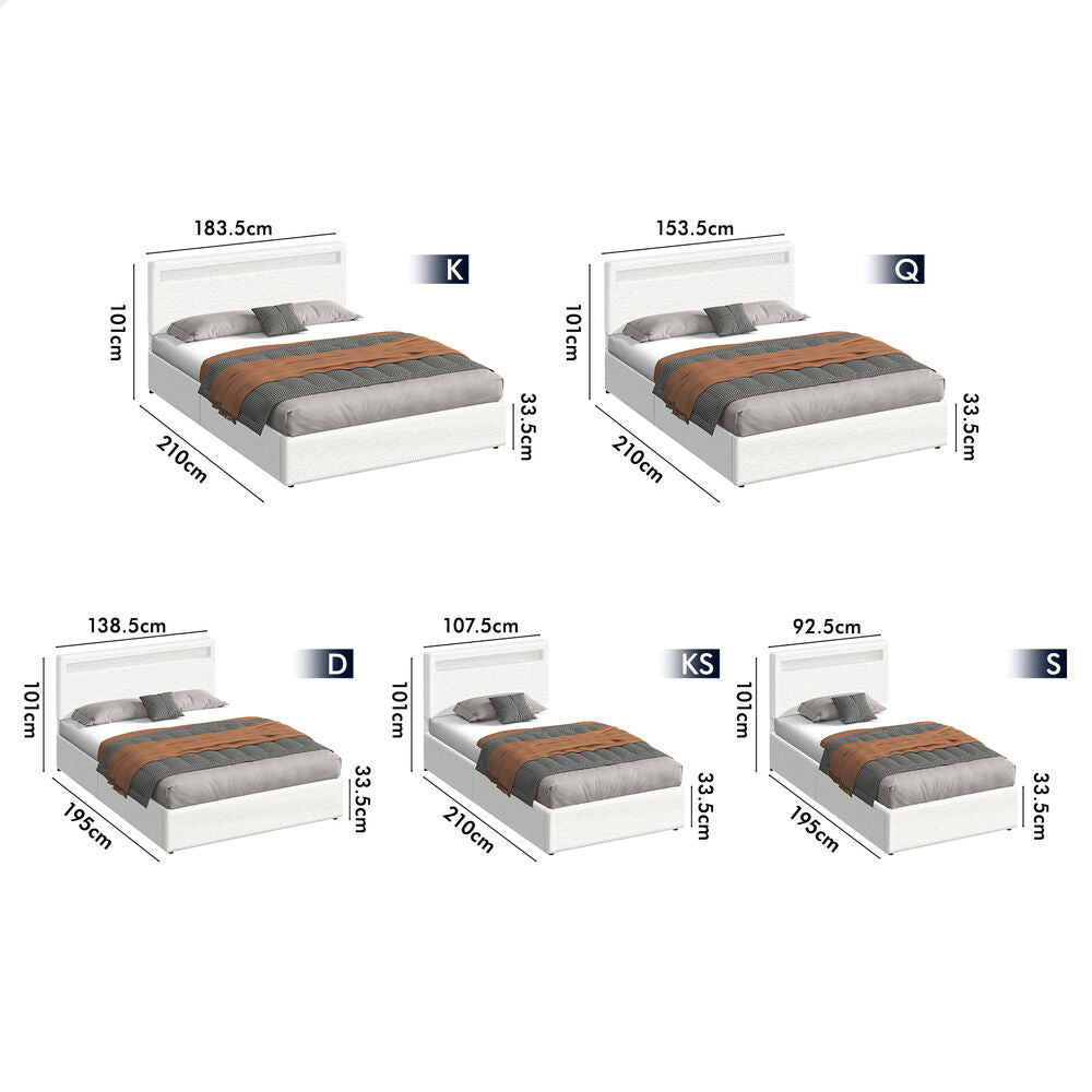 ALFORDSON Bed Frame King Single RGB LED Gas Lift Storage Base Boucle LUCHINO
