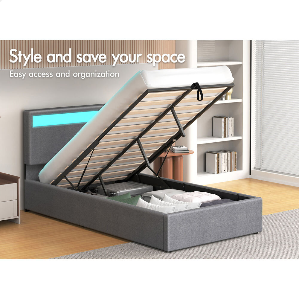 ALFORDSON Bed Frame King Single RGB LED Gas Lift Storage Base Grey LUCHINO
