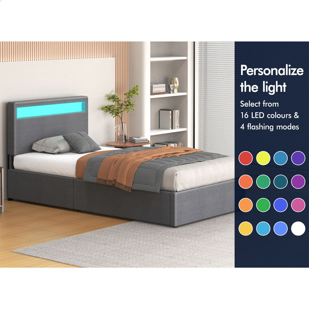 ALFORDSON Bed Frame King Single RGB LED Gas Lift Storage Base Grey LUCHINO