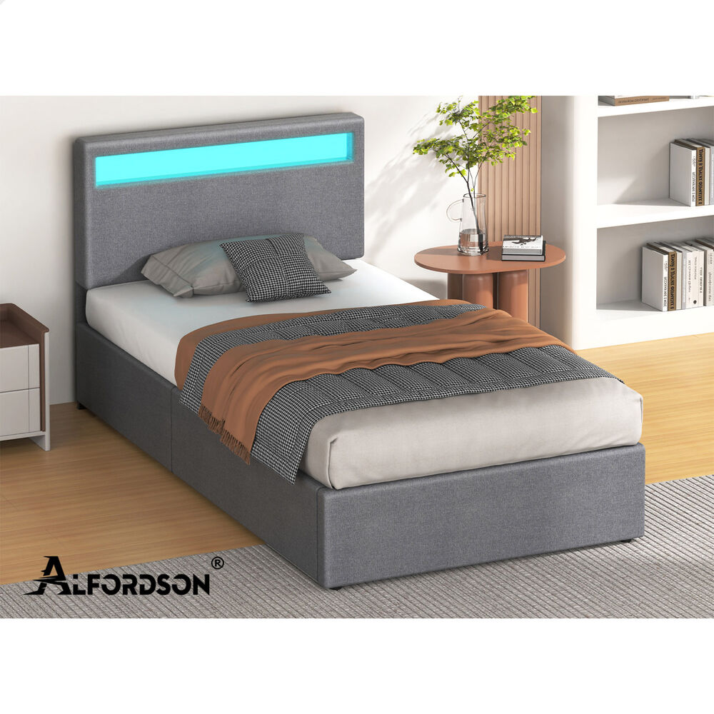 ALFORDSON Bed Frame King Single RGB LED Gas Lift Storage Base Grey LUCHINO