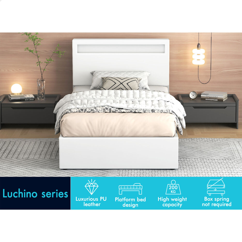 ALFORDSON Bed Frame King Single RGB LED Gas Lift Storage Base White LUCHINO
