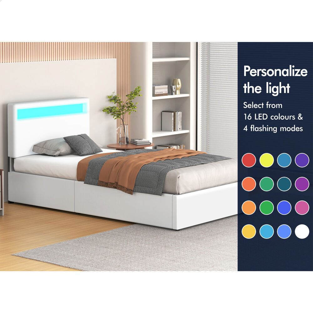ALFORDSON Bed Frame King Single RGB LED Gas Lift Storage Base White LUCHINO