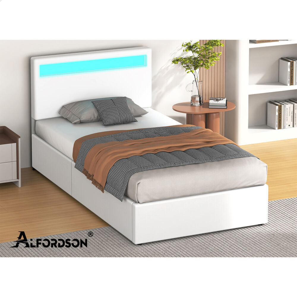 ALFORDSON Bed Frame King Single RGB LED Gas Lift Storage Base White LUCHINO
