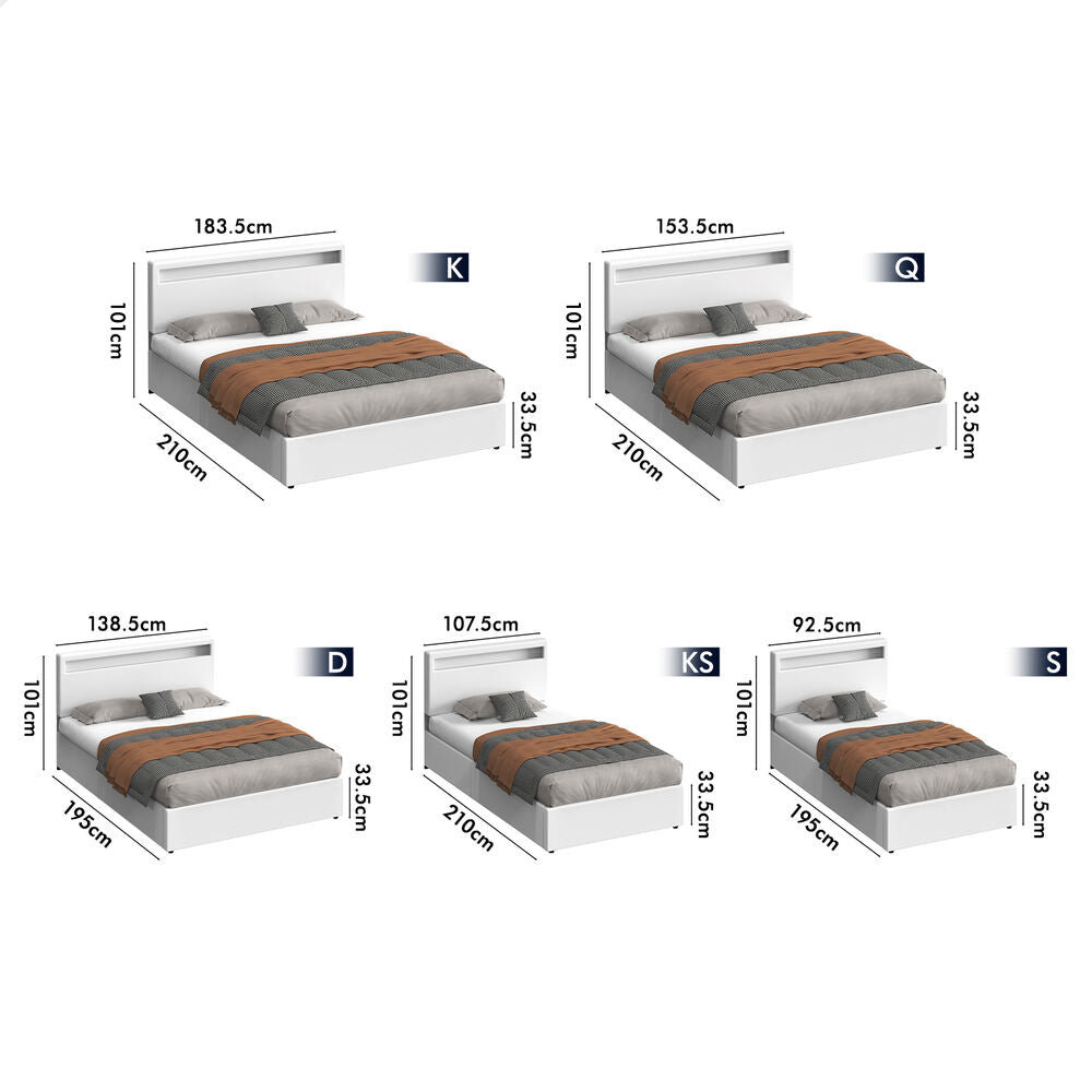 ALFORDSON Bed Frame King Single RGB LED Gas Lift Storage Base White LUCHINO