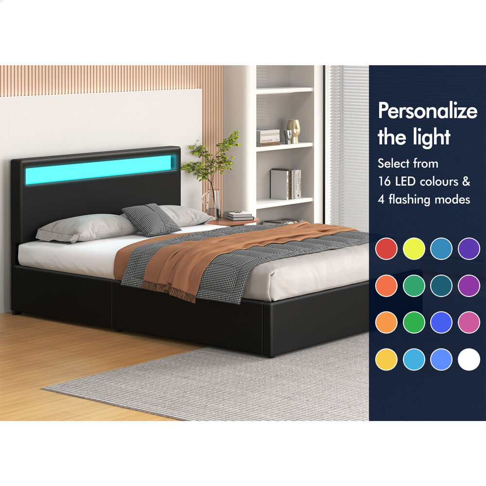 ALFORDSON Bed Frame Queen Size RGB LED Gas Lift Storage Base Black LUCHINO