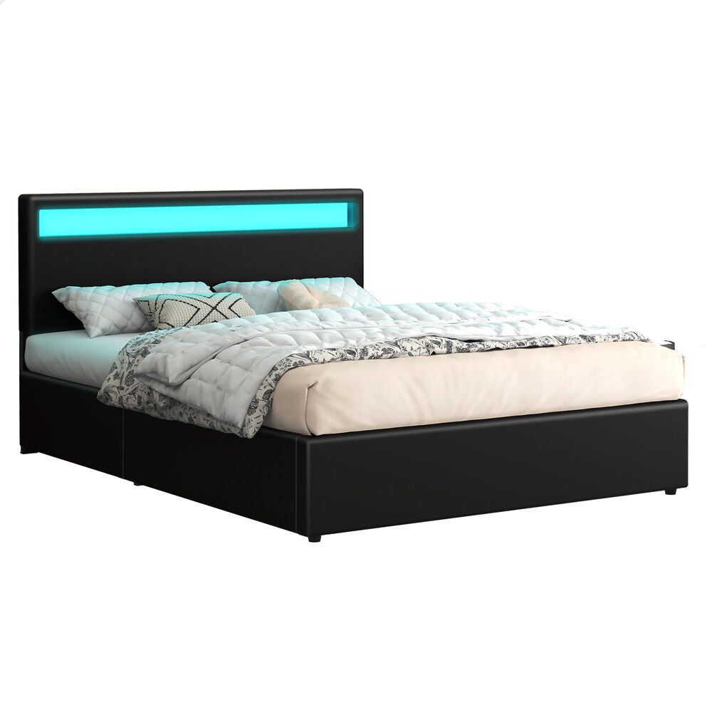 ALFORDSON Bed Frame Queen Size RGB LED Gas Lift Storage Base Black LUCHINO