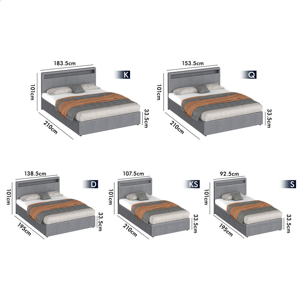 ALFORDSON Bed Frame Queen Size RGB LED Gas Lift Storage Base Fabric Grey LUCHINO