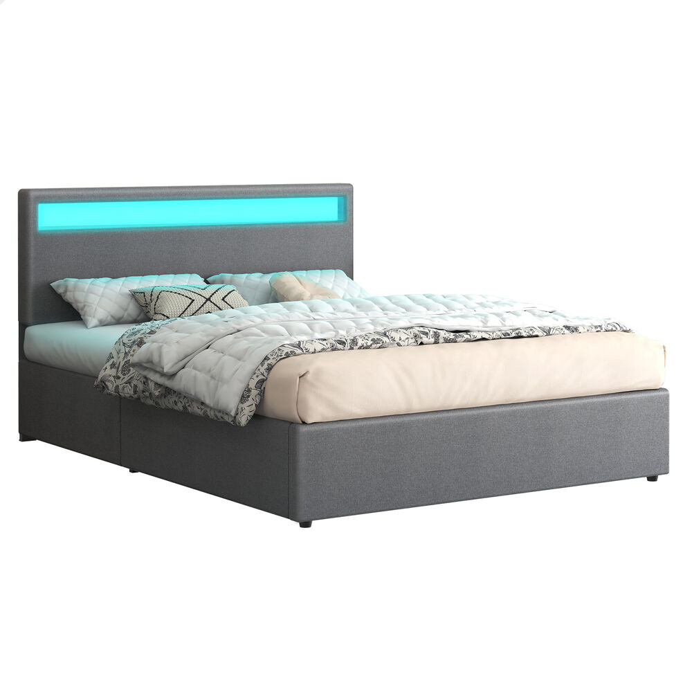 ALFORDSON Bed Frame Queen Size RGB LED Gas Lift Storage Base Fabric Grey LUCHINO