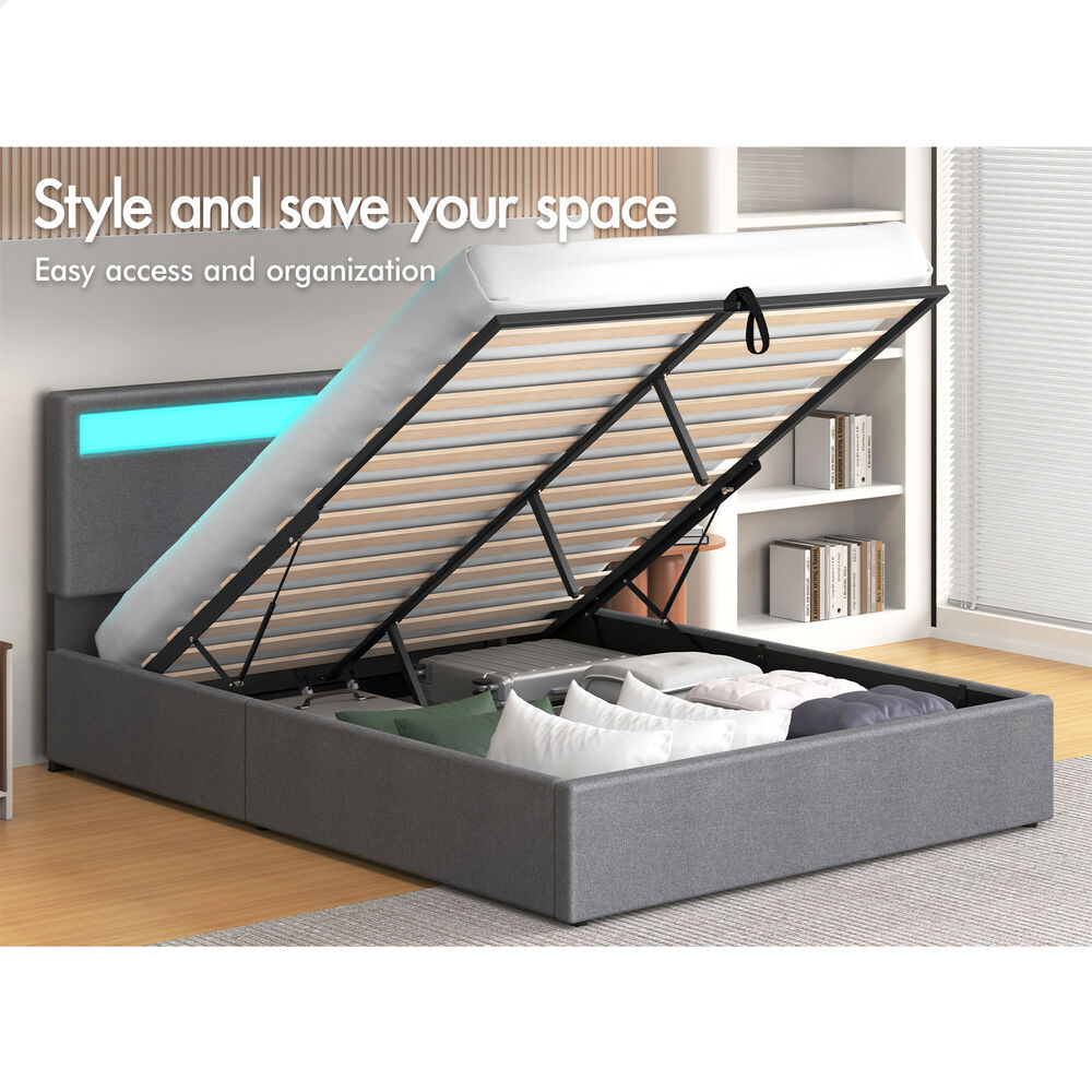 ALFORDSON Bed Frame Queen Size RGB LED Gas Lift Storage Base Fabric Grey LUCHINO