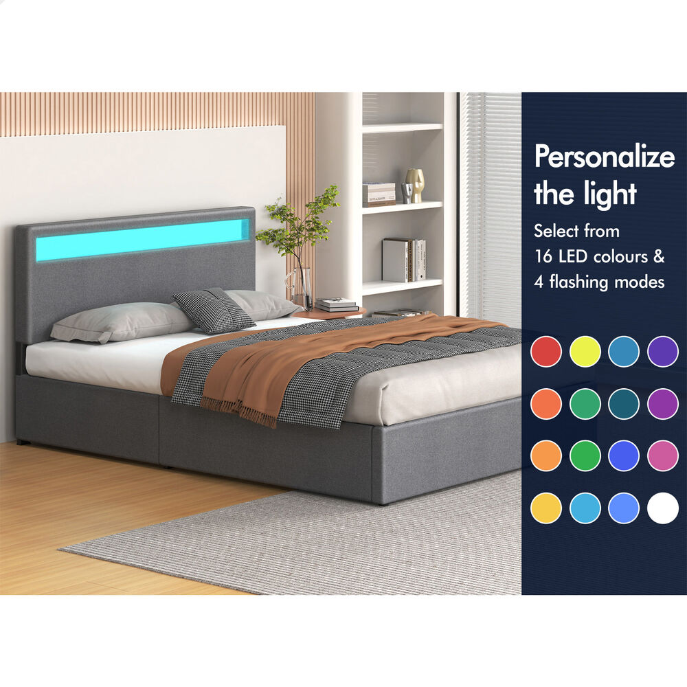 ALFORDSON Bed Frame Queen Size RGB LED Gas Lift Storage Base Fabric Grey LUCHINO