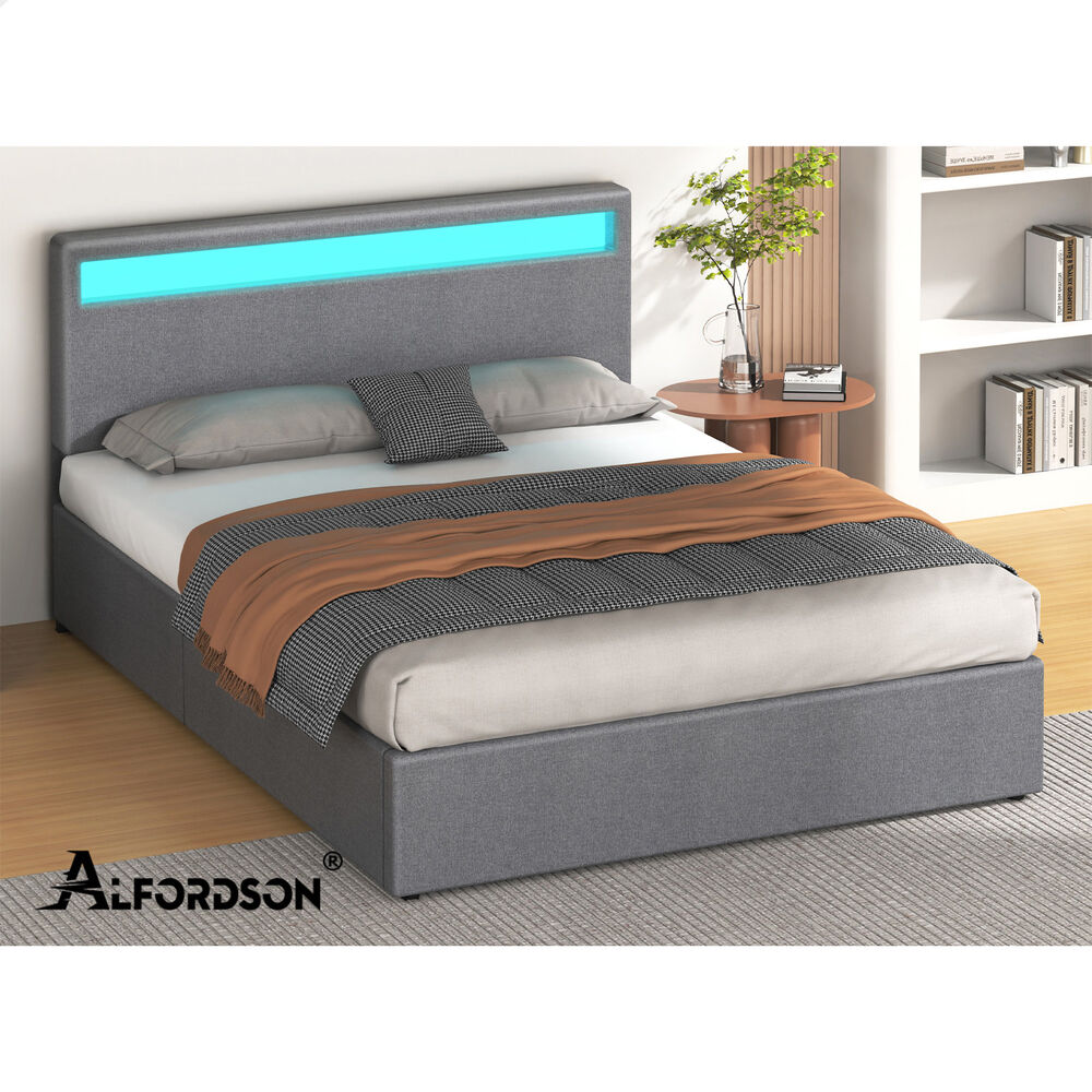 ALFORDSON Bed Frame Queen Size RGB LED Gas Lift Storage Base Fabric Grey LUCHINO