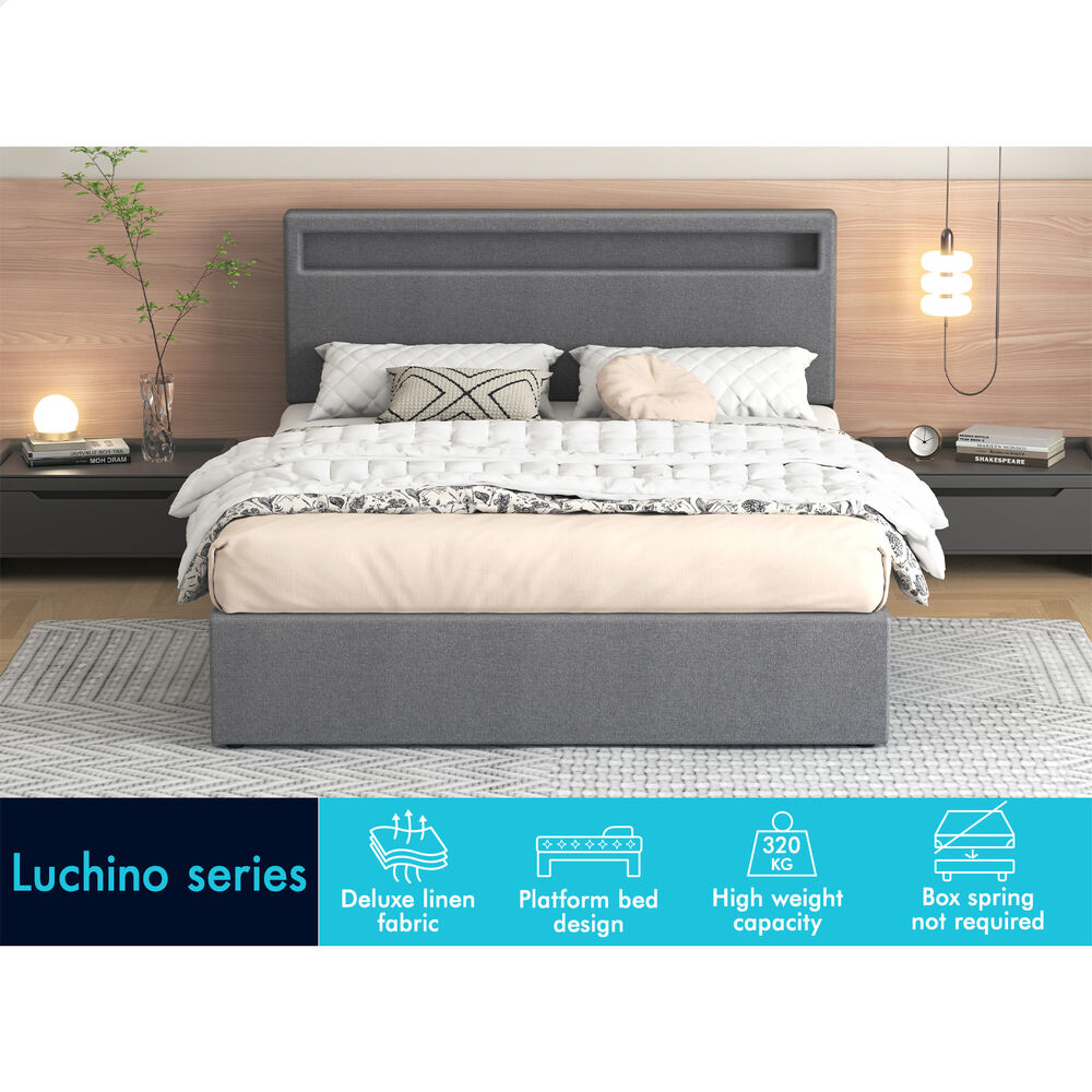 ALFORDSON Bed Frame Queen Size RGB LED Gas Lift Storage Base Fabric Grey LUCHINO