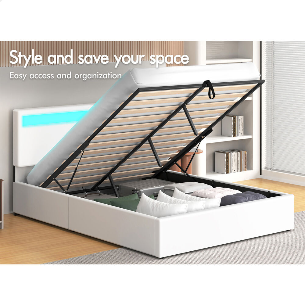 ALFORDSON Bed Frame Queen Size RGB LED Gas Lift Storage Base White LUCHINO