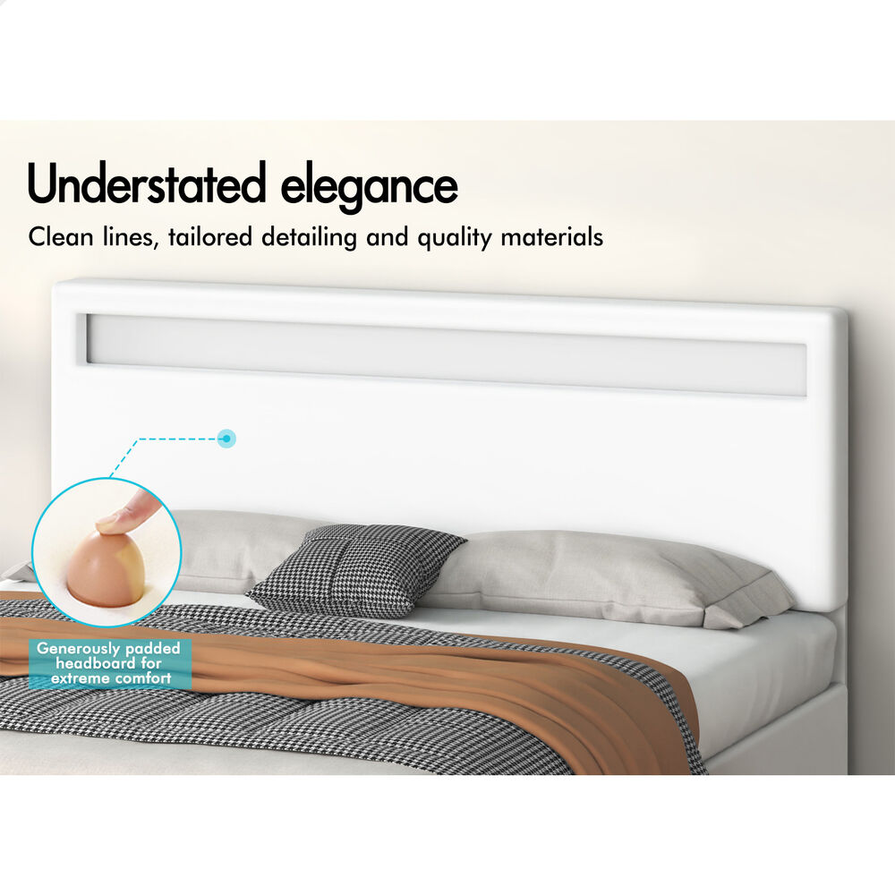 ALFORDSON Bed Frame Queen Size RGB LED Gas Lift Storage Base White LUCHINO