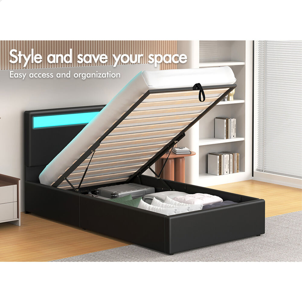 ALFORDSON Bed Frame Single Size RGB LED Gas Lift Storage Base Black LUCHINO