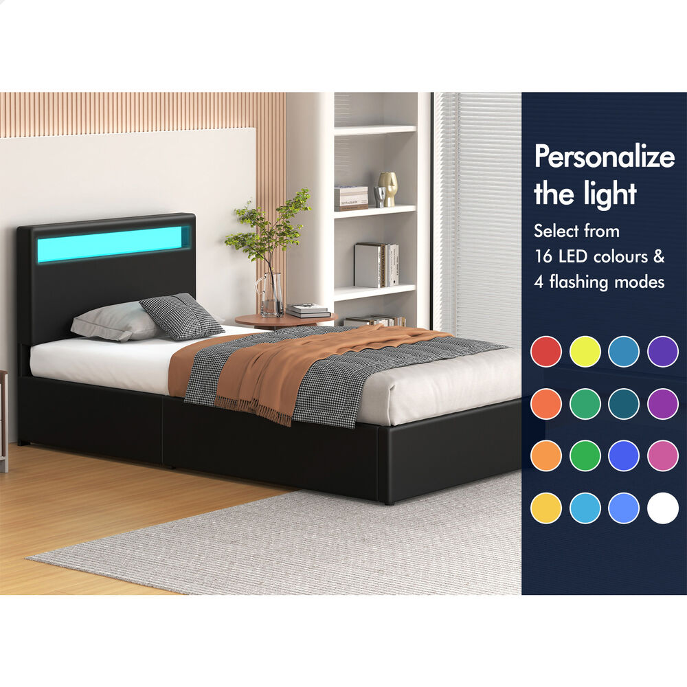 ALFORDSON Bed Frame Single Size RGB LED Gas Lift Storage Base Black LUCHINO