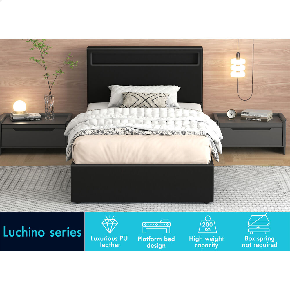 ALFORDSON Bed Frame Single Size RGB LED Gas Lift Storage Base Black LUCHINO