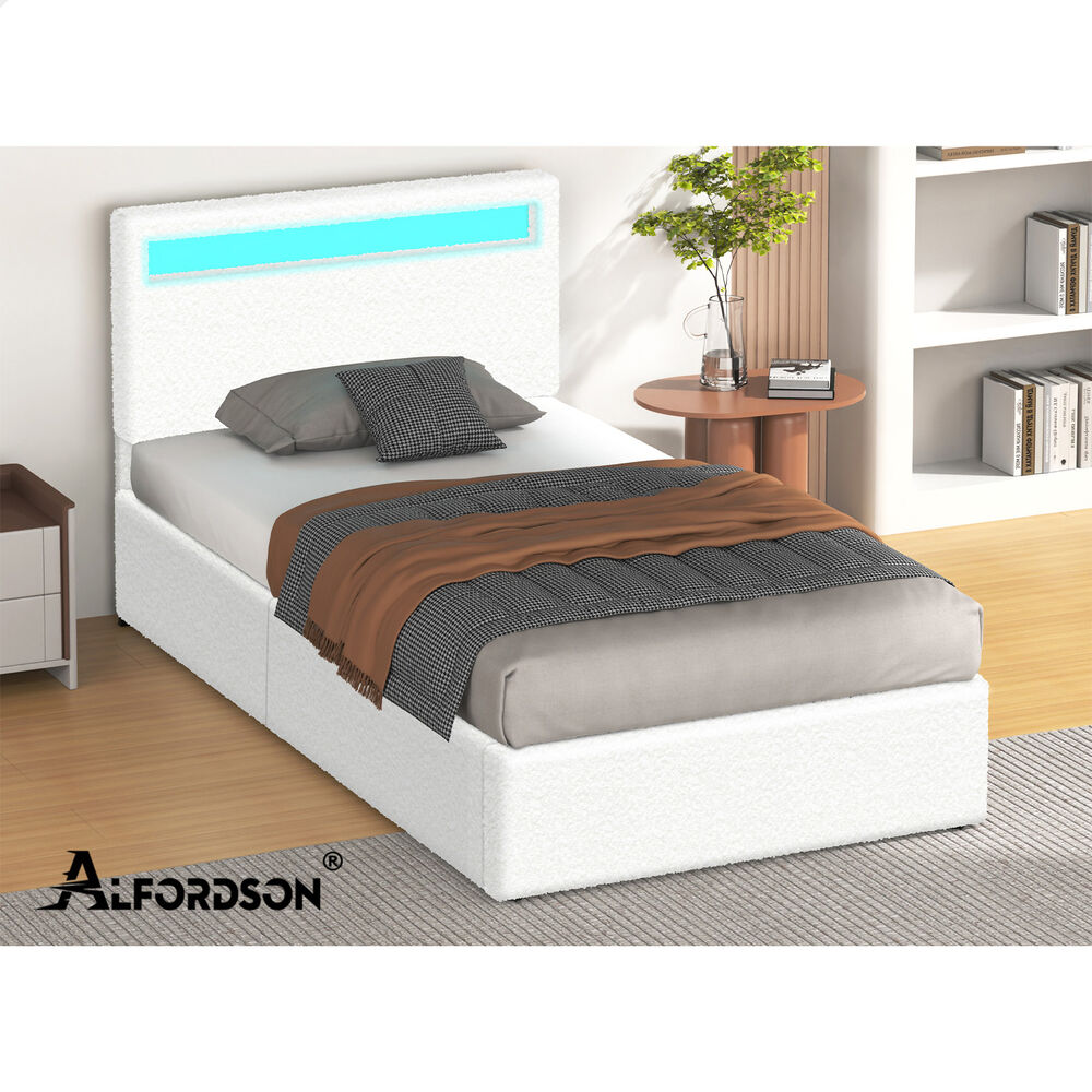 ALFORDSON Bed Frame Single Size RGB LED Gas Lift Storage Base Boucle LUCHINO