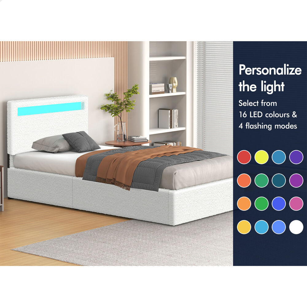 ALFORDSON Bed Frame Single Size RGB LED Gas Lift Storage Base Boucle LUCHINO
