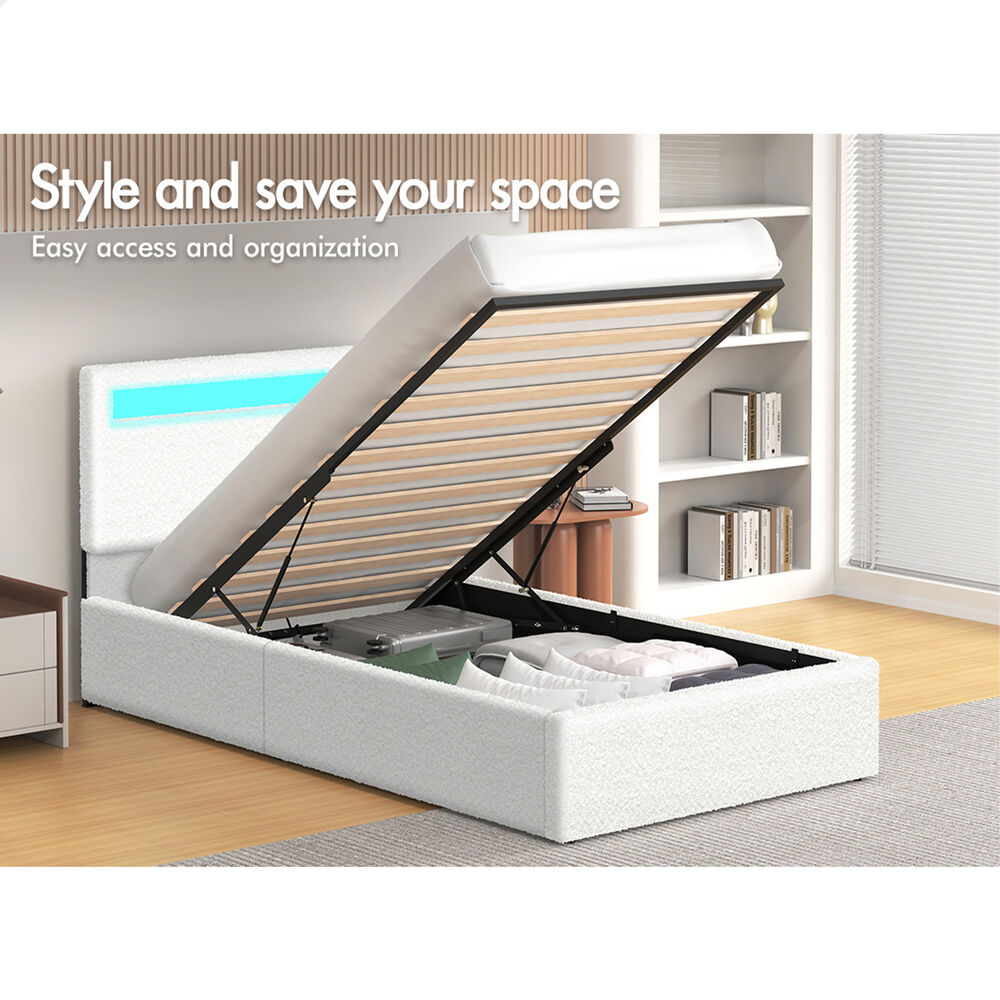 ALFORDSON Bed Frame Single Size RGB LED Gas Lift Storage Base Boucle LUCHINO
