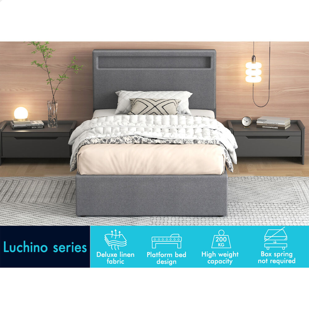 ALFORDSON Bed Frame Single Size RGB LED Gas Lift Storage Base Grey LUCHINO
