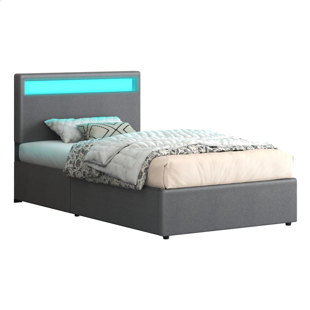 ALFORDSON Bed Frame Single Size RGB LED Gas Lift Storage Base Grey LUCHINO