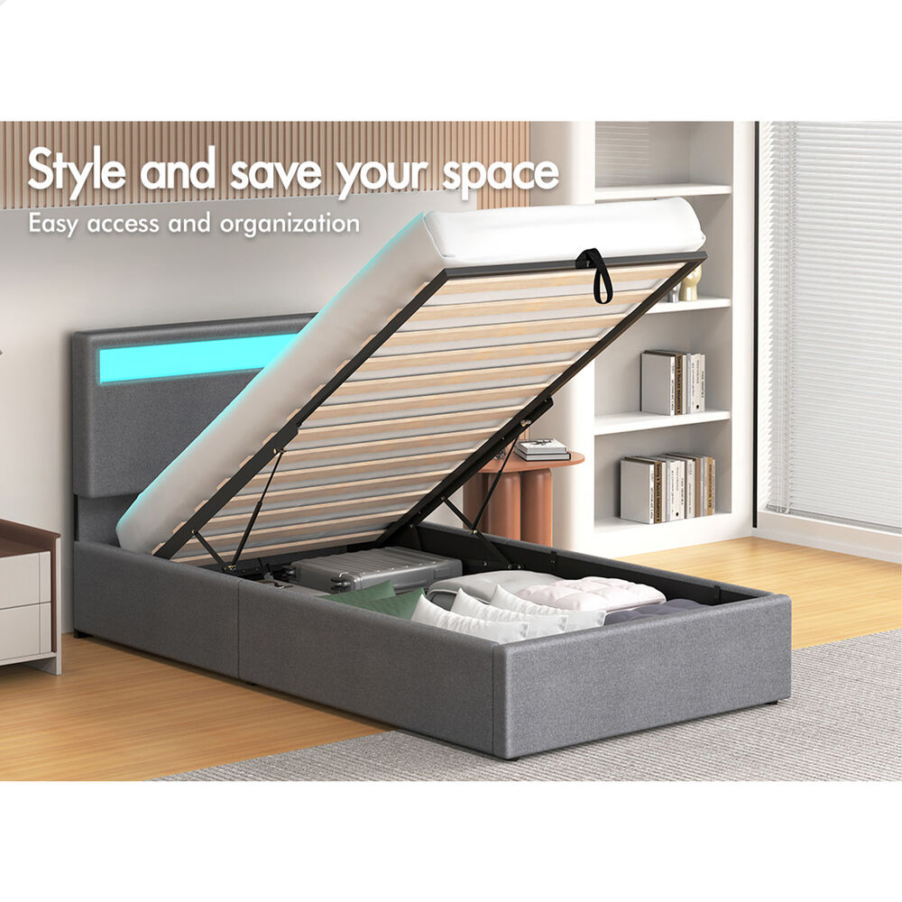 ALFORDSON Bed Frame Single Size RGB LED Gas Lift Storage Base Grey LUCHINO