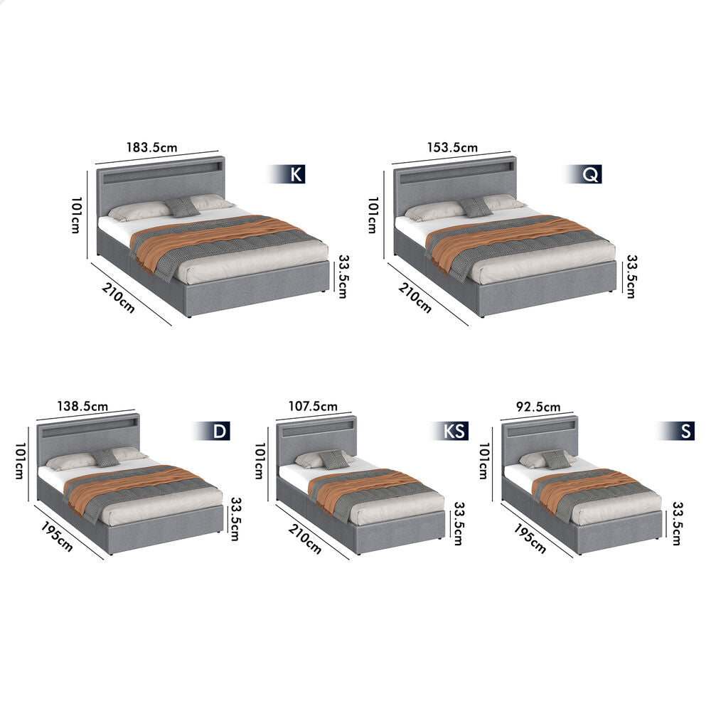 ALFORDSON Bed Frame Single Size RGB LED Gas Lift Storage Base Grey LUCHINO