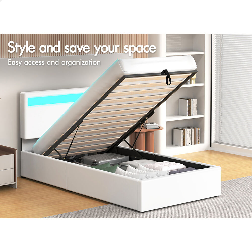 ALFORDSON Bed Frame Single Size RGB LED Gas Lift Storage Base White LUCHINO