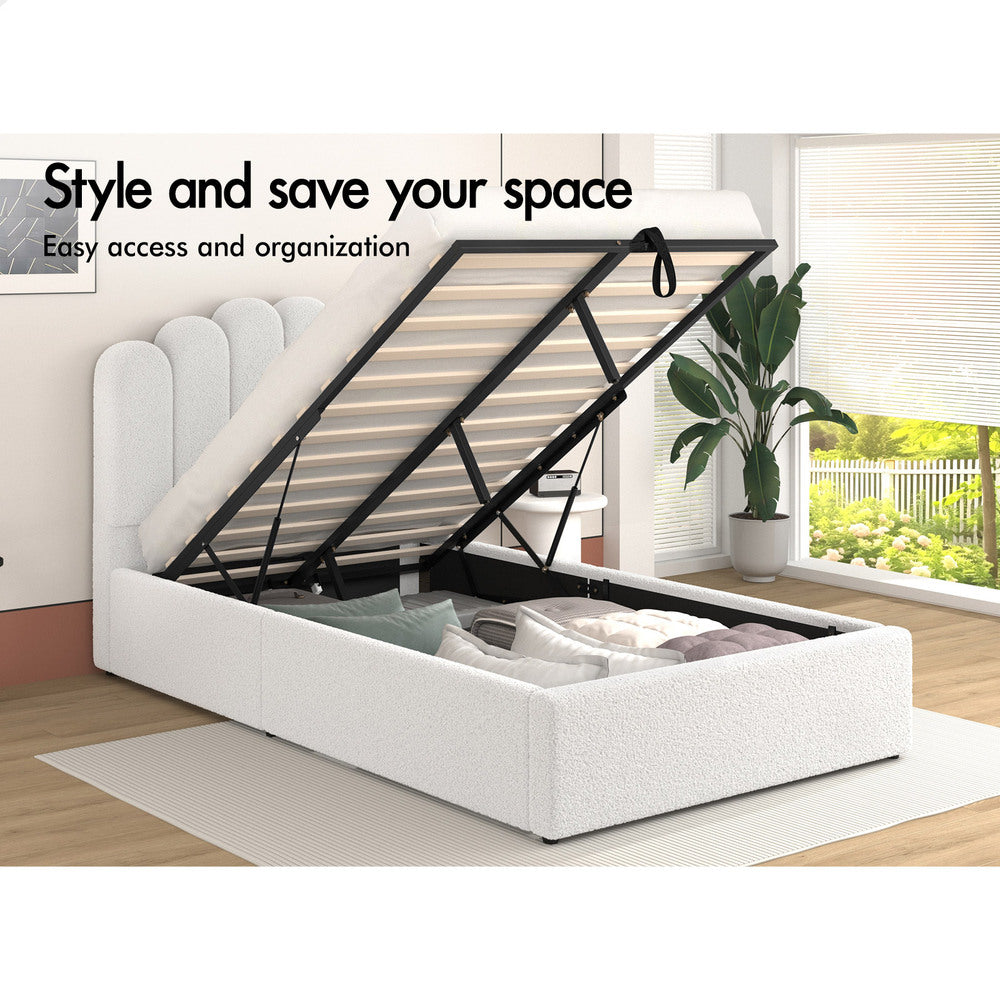 ALFORDSON Bed Frame King Single Gas Lift Storage Base Wooden Boucle MILTON