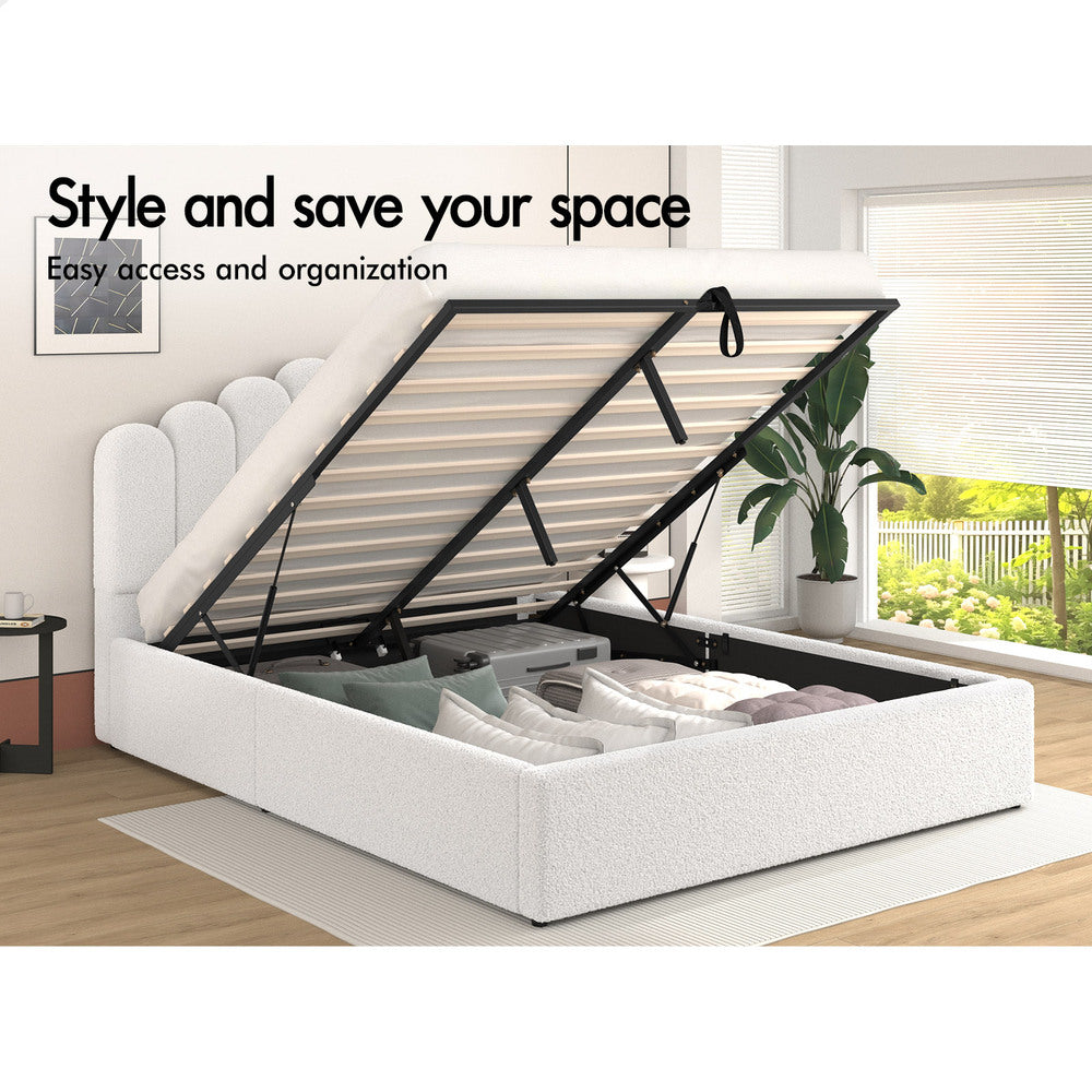 ALFORDSON Bed Frame Queen Size Gas Lift Storage Base Wooden Boucle MILTON