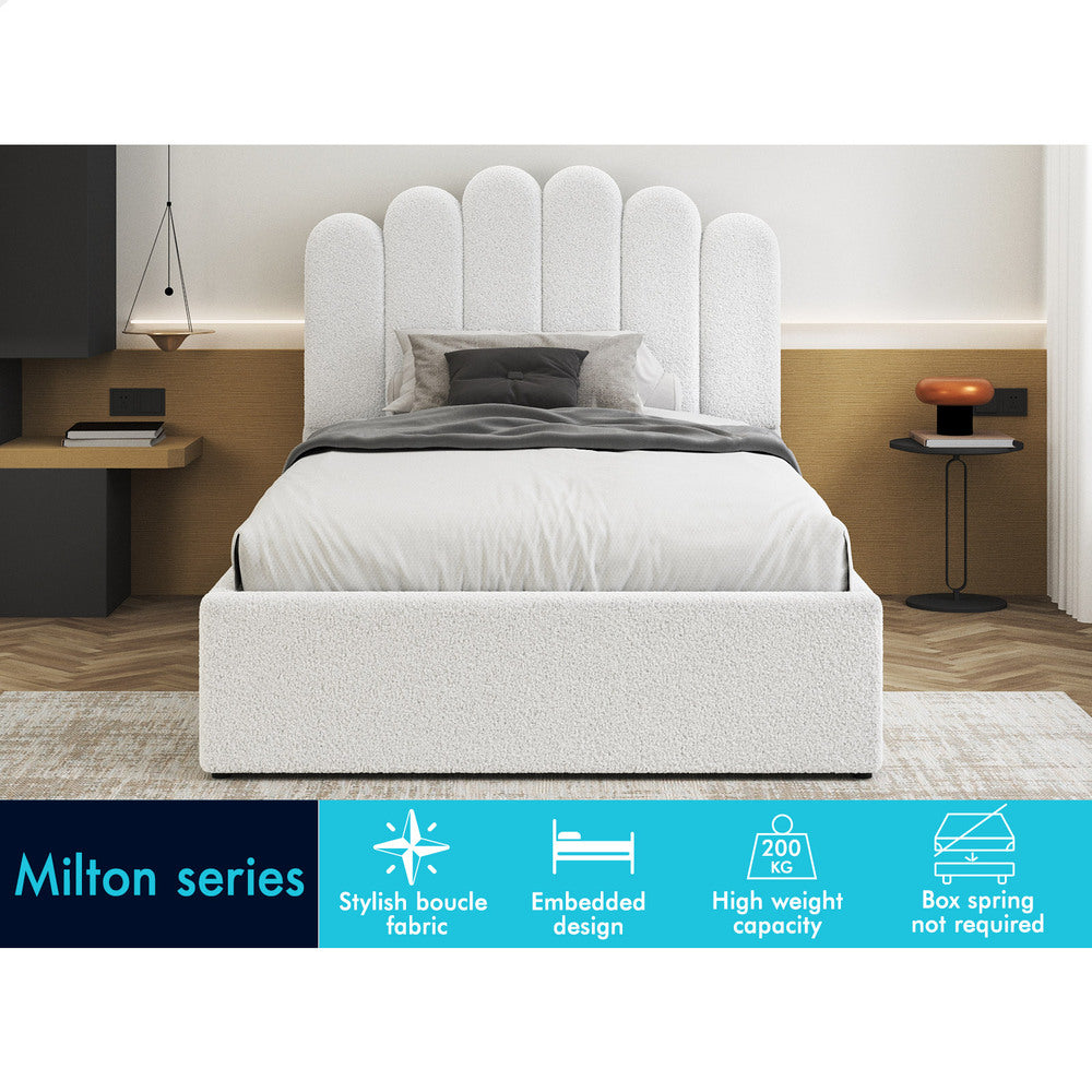 ALFORDSON Bed Frame Single Size Gas Lift Storage Base Wooden Boucle MILTON
