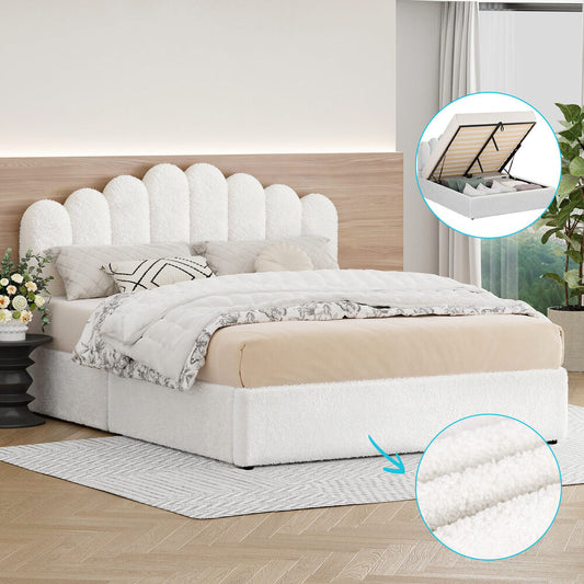 ALFORDSON Bed Frame Double Size Gas Lift Storage Base Wooden Boucle White MUTIS