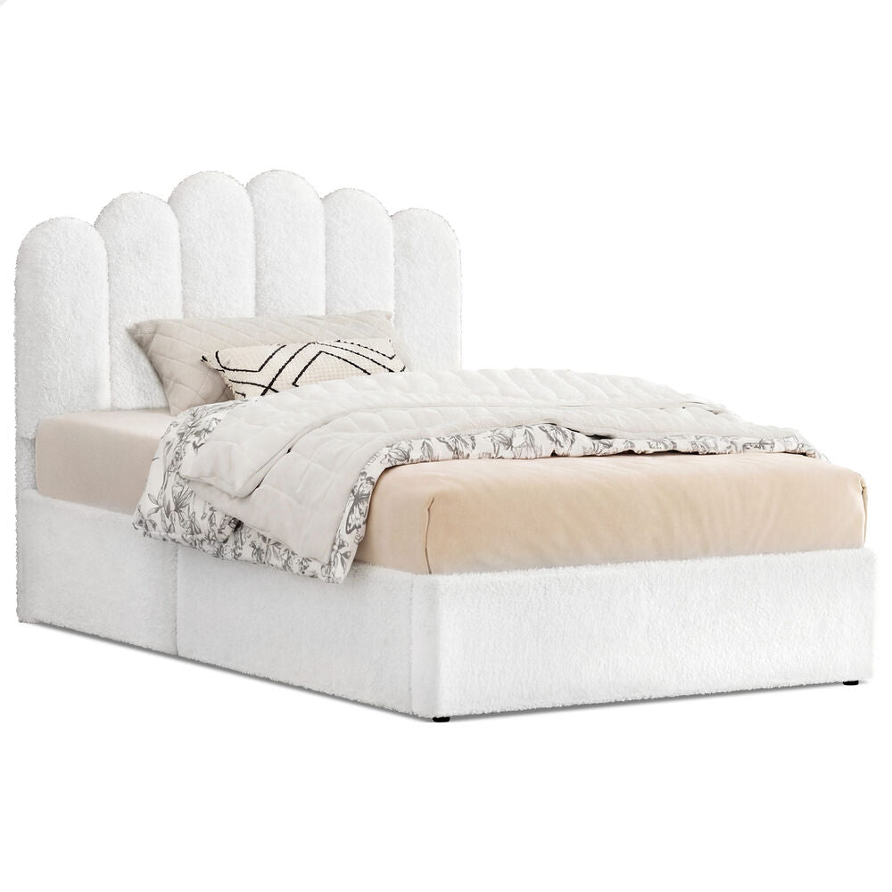 ALFORDSON Bed Frame King Single Gas Lift Storage Base Wooden Boucle White MUTIS