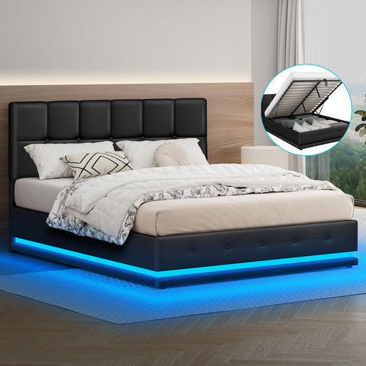 ALFORDSON Bed Frame Double Size Platform RGB LED Gas Lift Base Storage Black